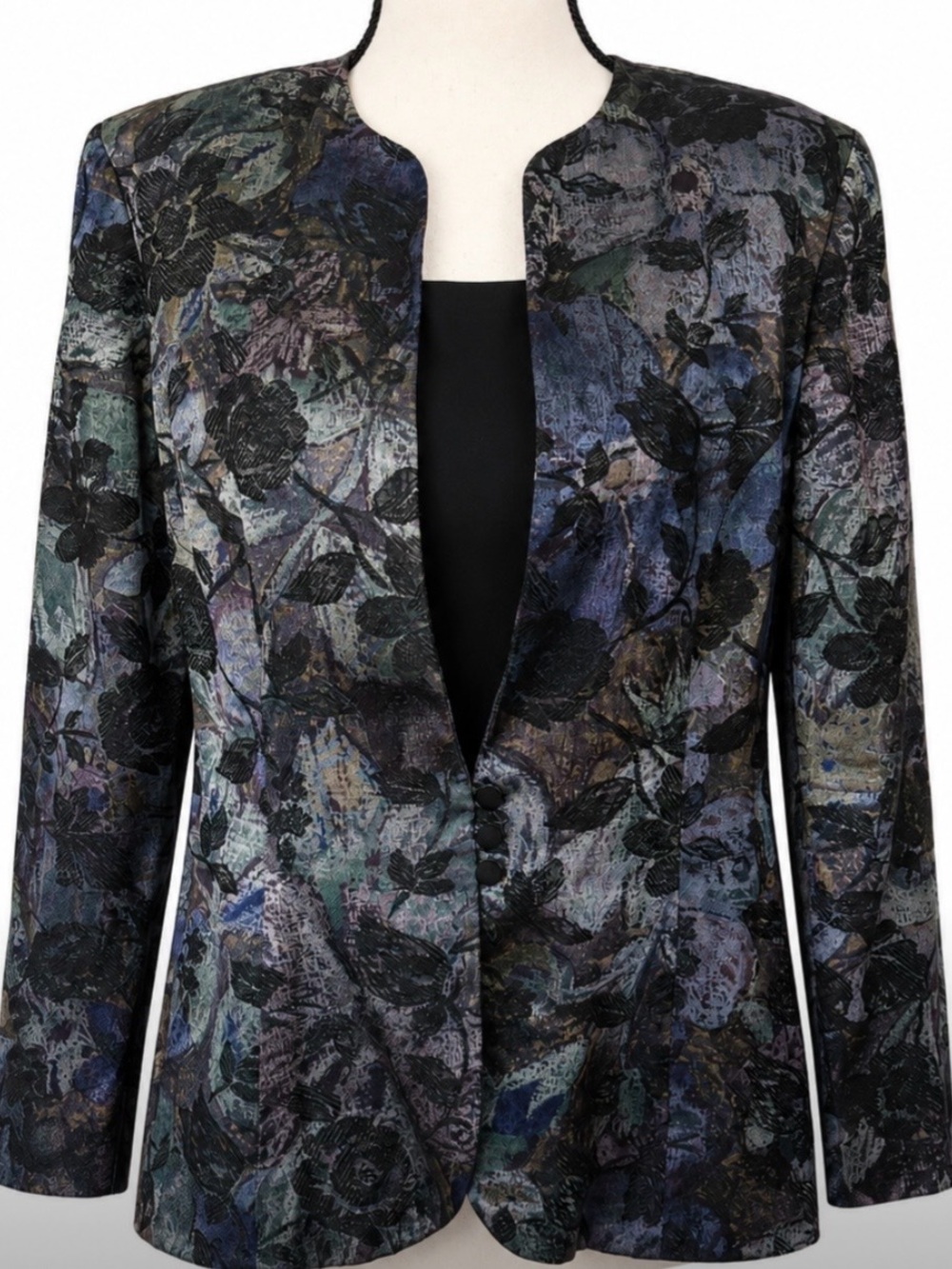 Jacquard Brocade Blazer Jacket Floral Black Button Front Classic Chic 80s Style